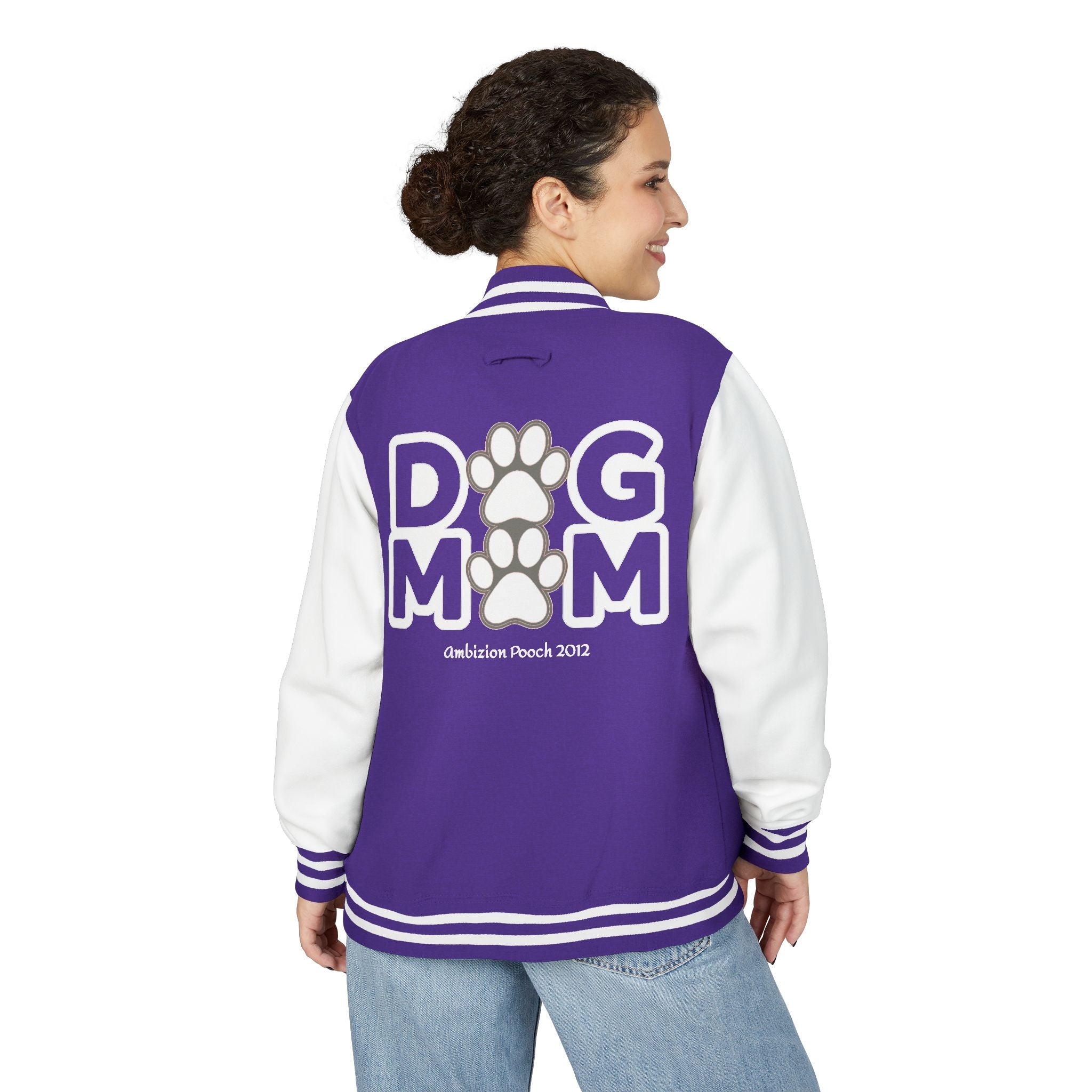 Dog Mom Paw Print Embroidered Varsity Jacket