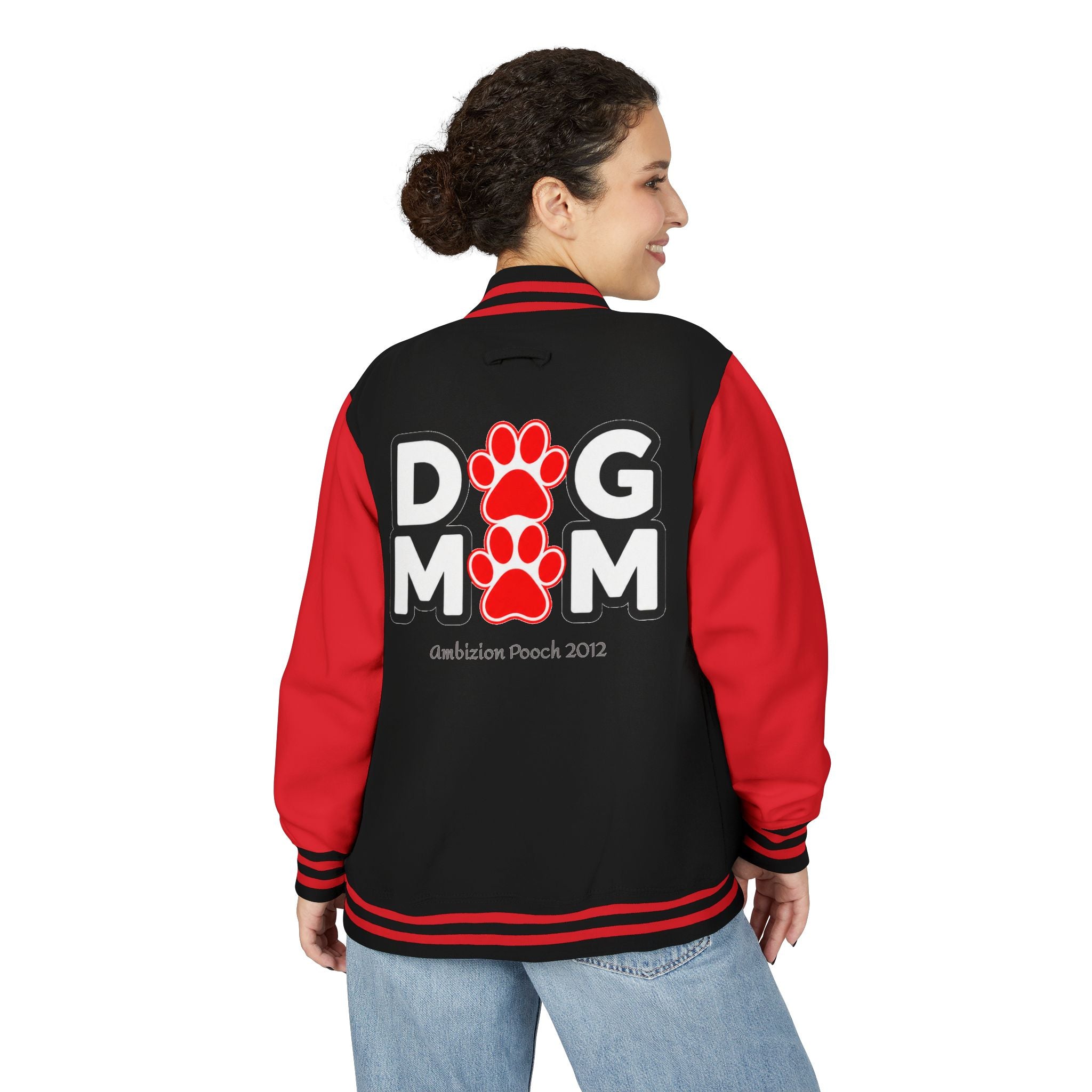 Dog Mom Paw Print Embroidered Varsity Jacket