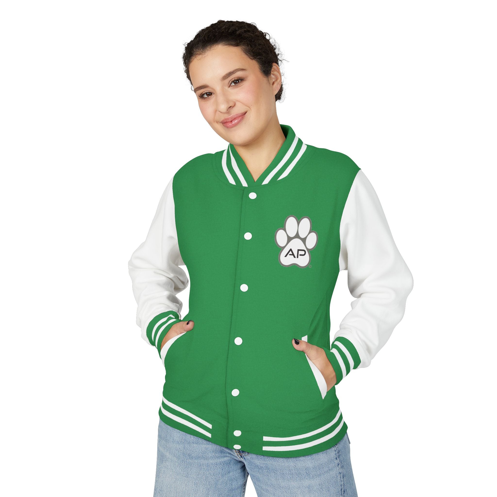 Dog Mom Paw Print Embroidered Varsity Jacket