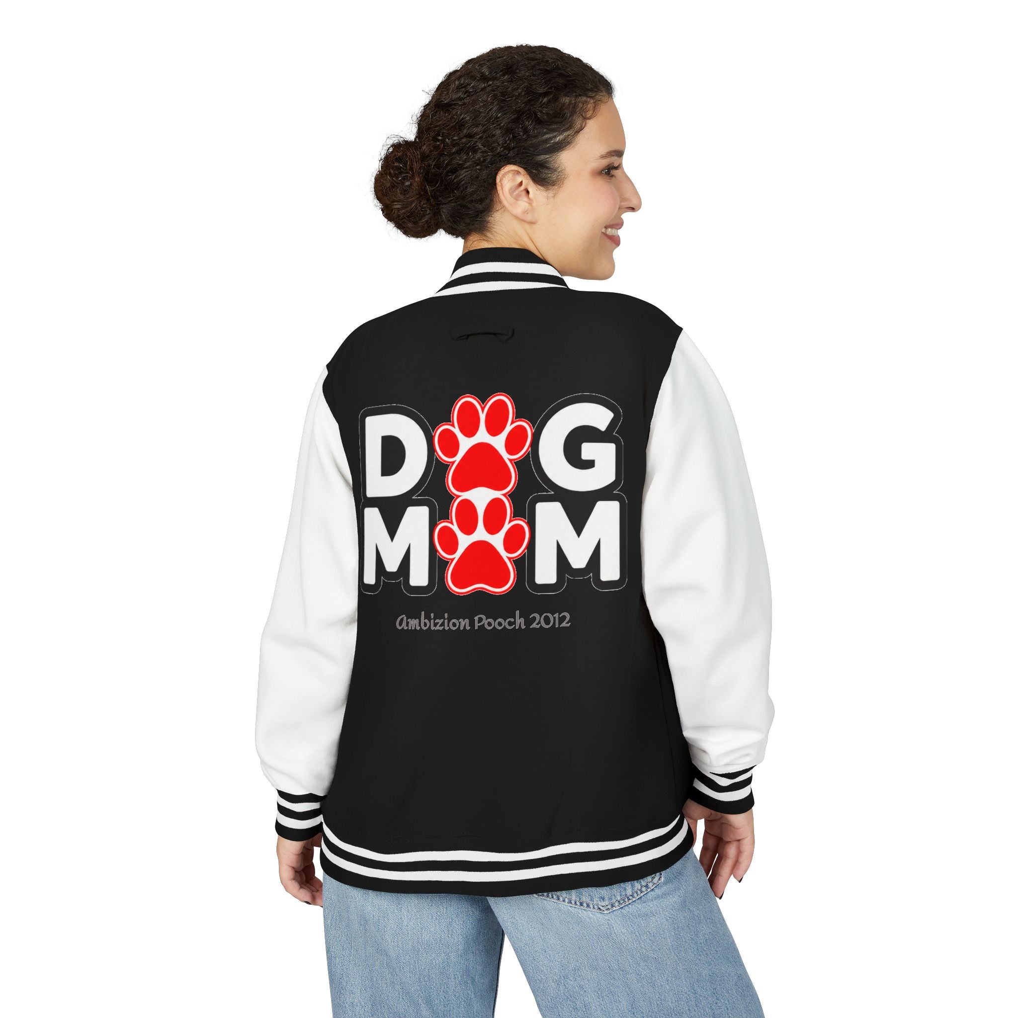 Dog Mom Paw Print Embroidered Varsity Jacket