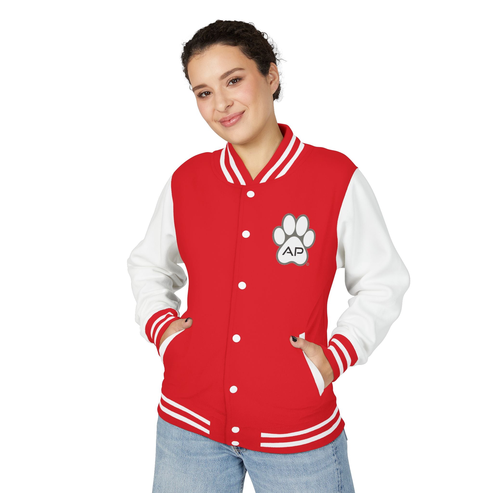 Dog Mom Paw Print Embroidered Varsity Jacket
