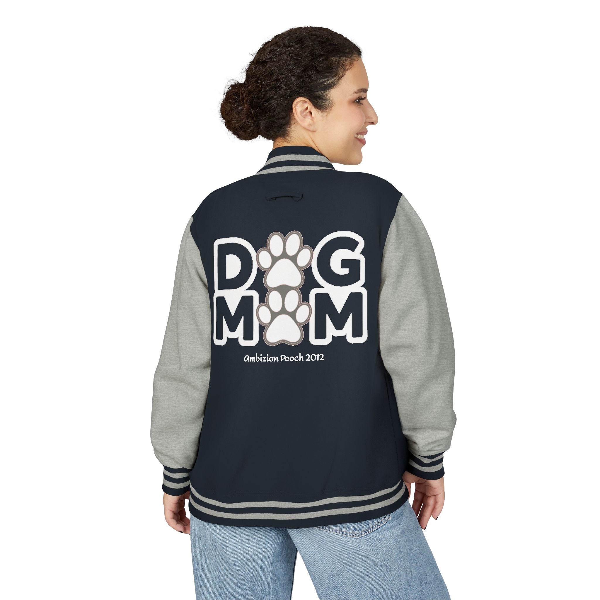 Dog Mom Paw Print Embroidered Varsity Jacket