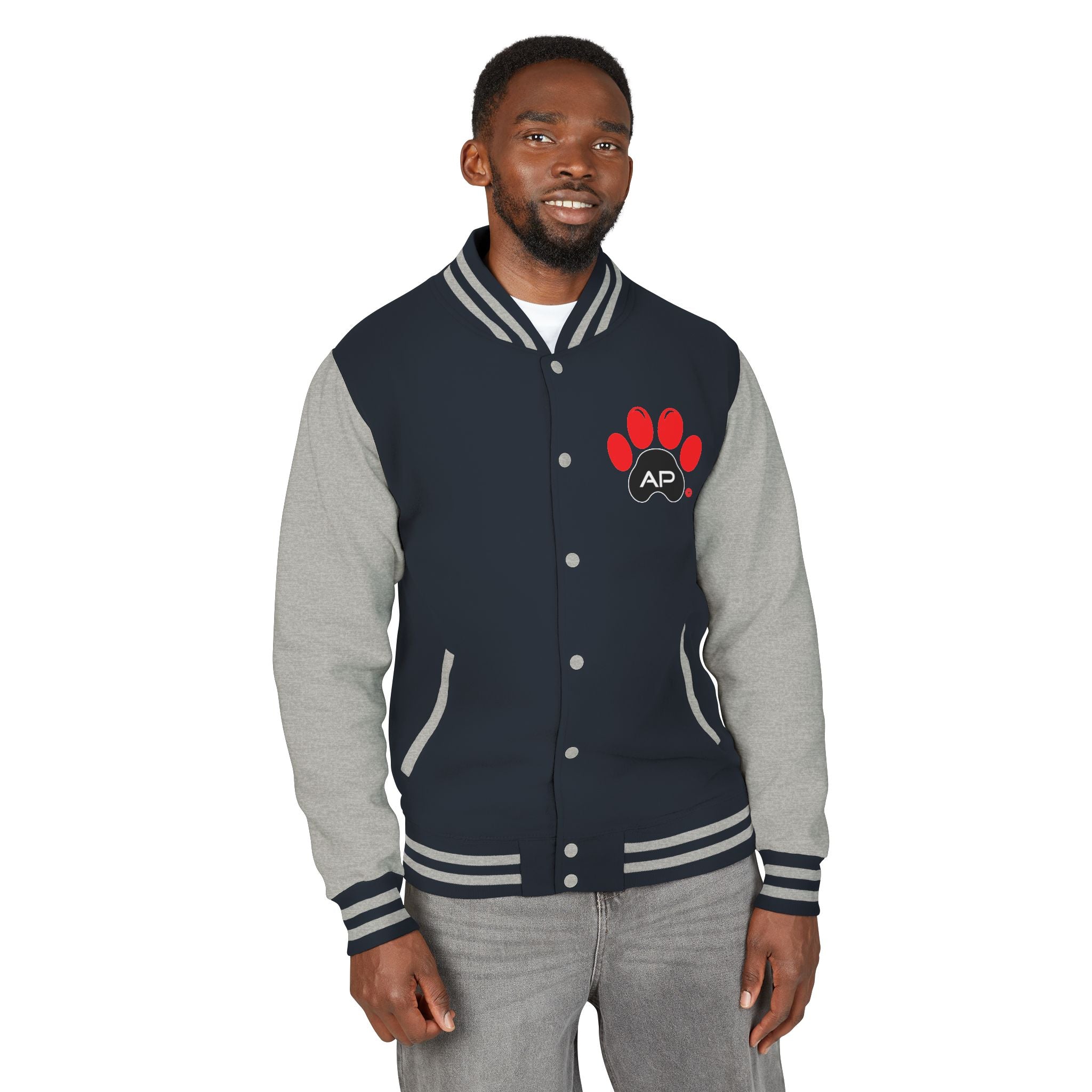 Dog Dad Paw Print Embroidered Varsity Jacket