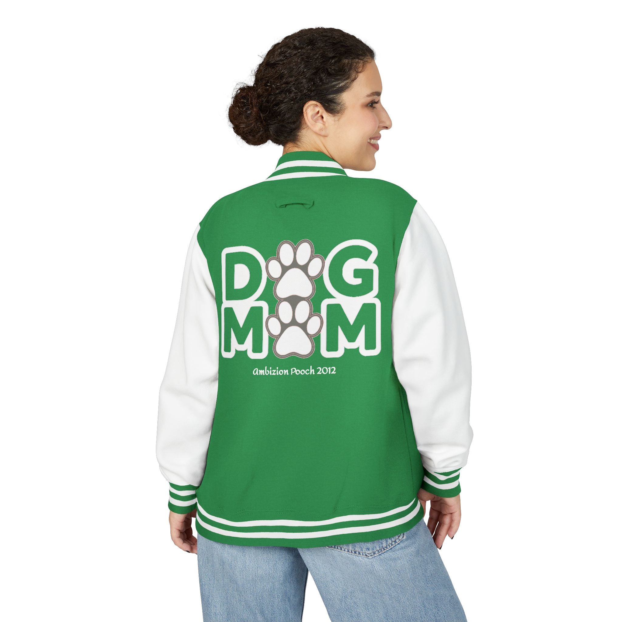 Dog Mom Paw Print Embroidered Varsity Jacket