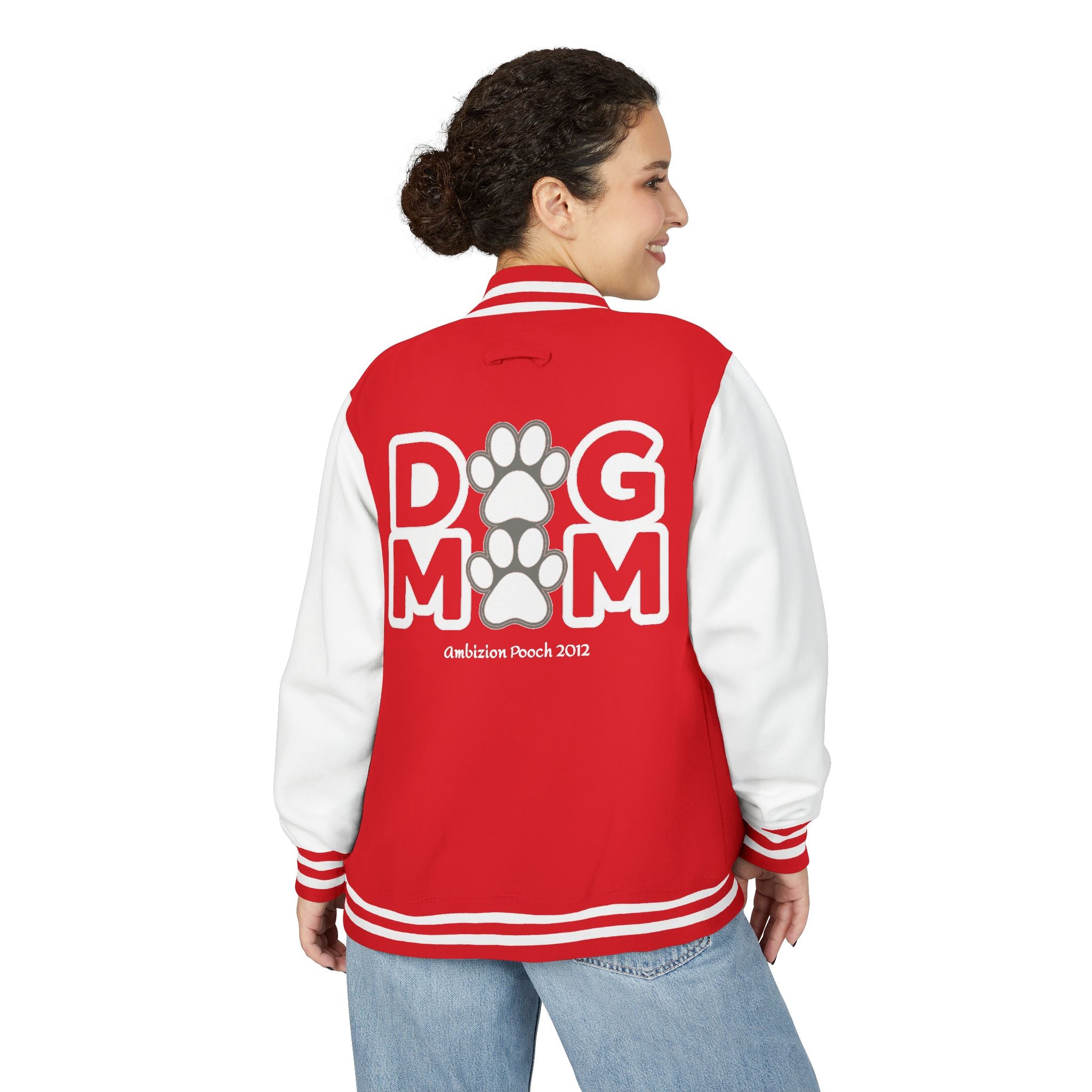 Dog Mom Paw Print Embroidered Varsity Jacket