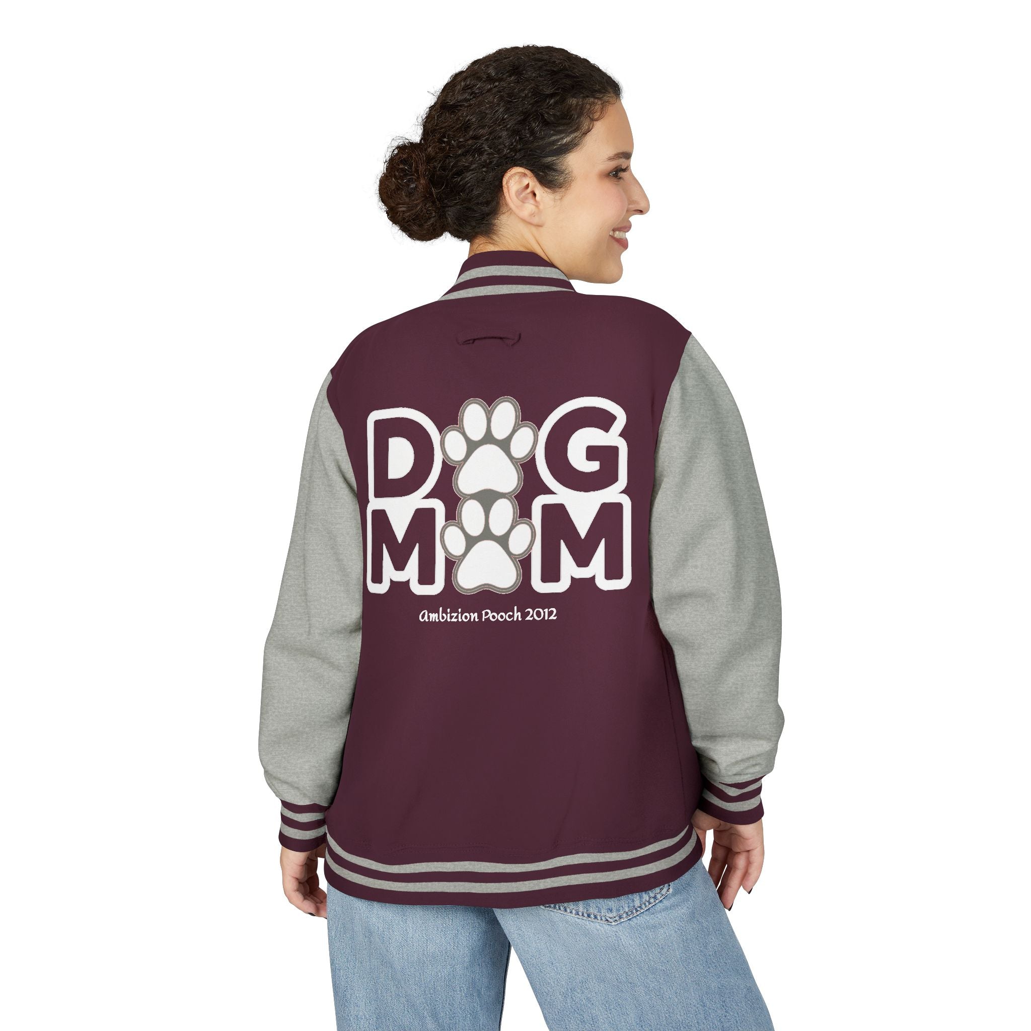 Dog Mom Paw Print Embroidered Varsity Jacket