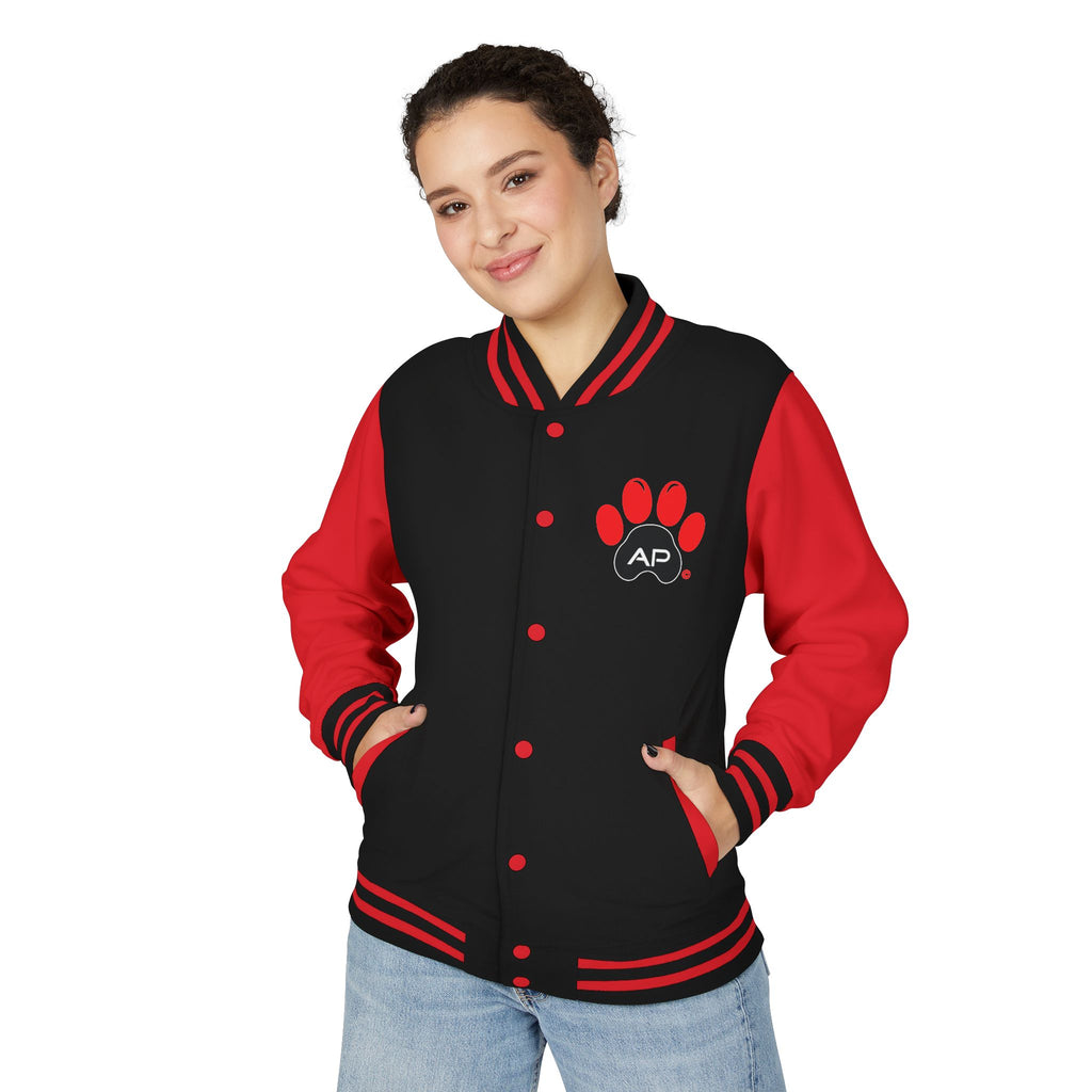 Dog Mom Paw Print Embroidered Varsity Jacket