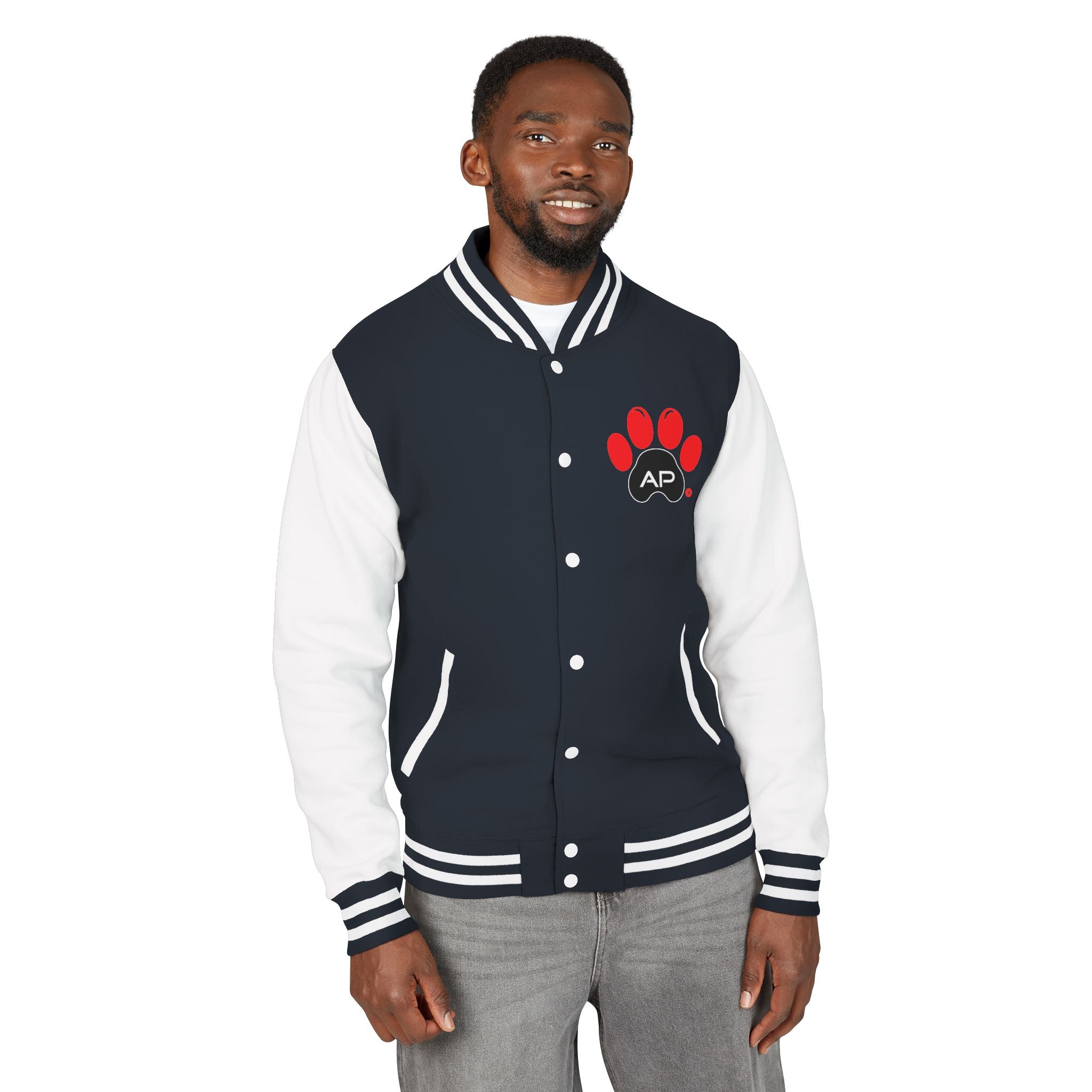 Dog Dad Paw Print Embroidered Varsity Jacket