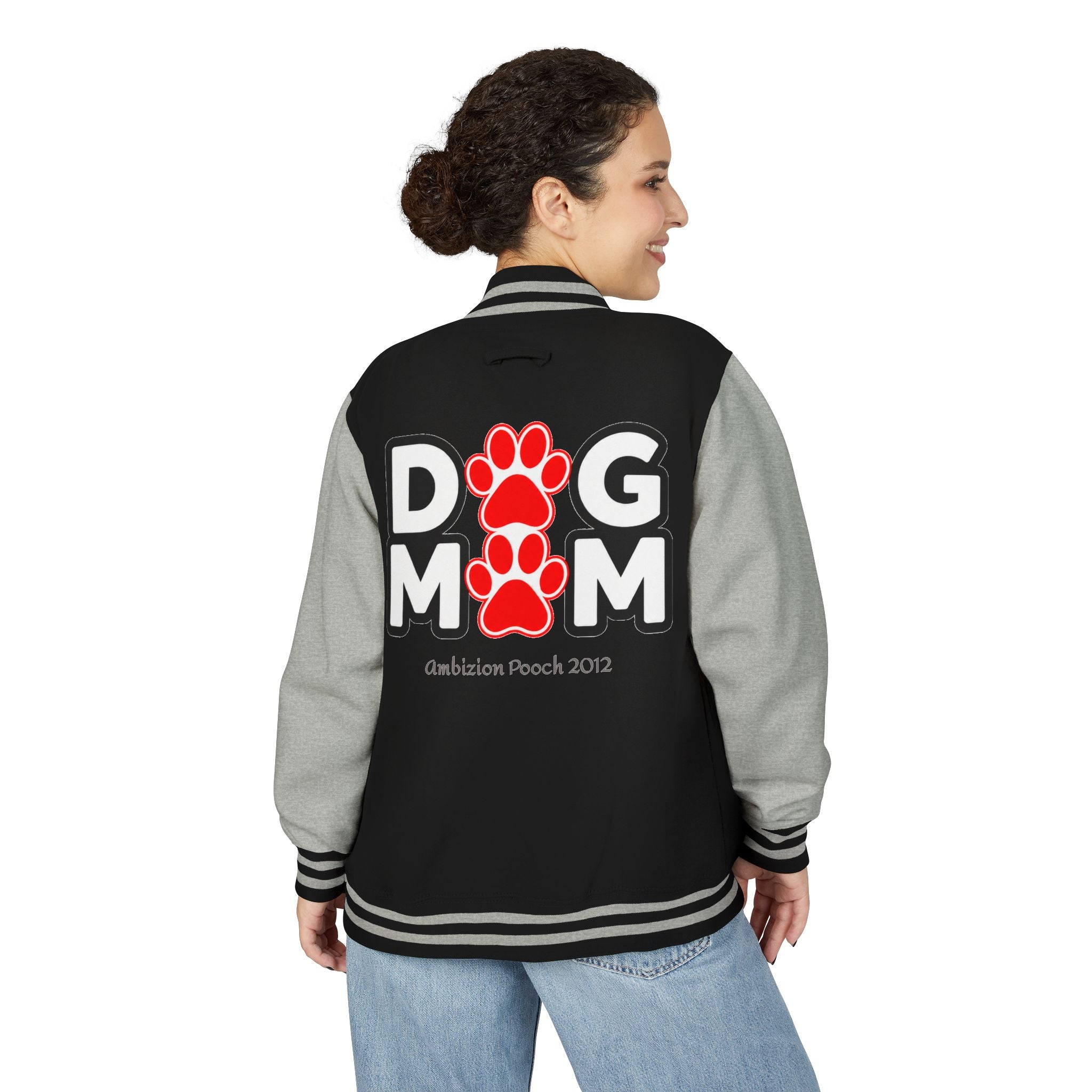 Dog Mom Paw Print Embroidered Varsity Jacket